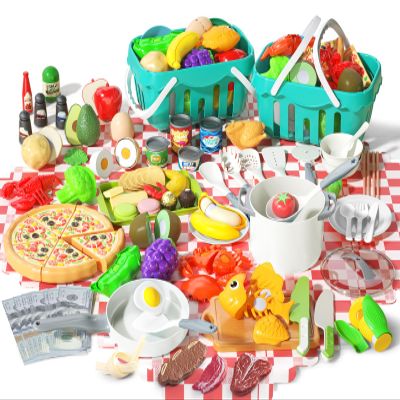 150Pcs Kitchen Playset, Toddlers Pretend Cooking Cookware Accessories, Food, Picnic Blanket, Fruits, Veges, 2Pack Shopping Storage Basket, Dessert and Prop Money, Gift for Kids (White)