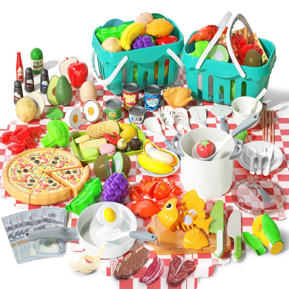 150Pcs Kitchen Playset, Toddlers Pretend Cooking Cookware Accessories, Food, Picnic Blanket, Fruits, Veges, 2Pack Shopping Storage Basket, Dessert and Prop Money, Gift for Kids (White)