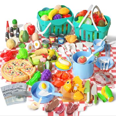 150Pcs Kitchen Playset, Toddlers Pretend Cooking Cookware Accessories, Food, Picnic Blanket, Fruits, Veges, 2Pack Shopping Storage Basket, Dessert and Prop Money, Gift for Kids (Blue)