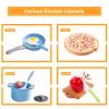 150Pcs Kitchen Playset, Toddlers Pretend Cooking Cookware Accessories, Food, Picnic Blanket, Fruits, Veges, 2Pack Shopping Storage Basket, Dessert and Prop Money, Gift for Kids (Blue) view 4