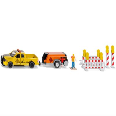 1500 Pickup Truck Yellow with Compressor Trailer and Worker Figure with Accessories Set 1/50 Diecast Models by Siku 3505