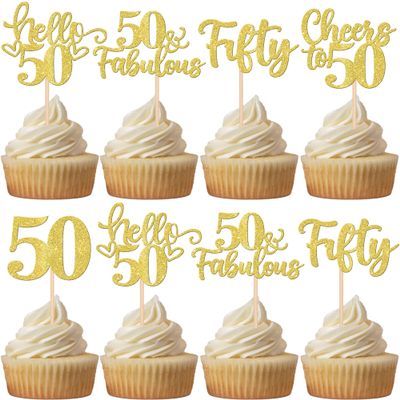 30 PCS Happy 50th Birthday Cupcake Toppers Glitter Fifty Hello 50 Cupcake Picks 50 & Fabulous Cheers to 50 Years Cake Decorations for 50th Birthday Anniversary Party Supplies Gold