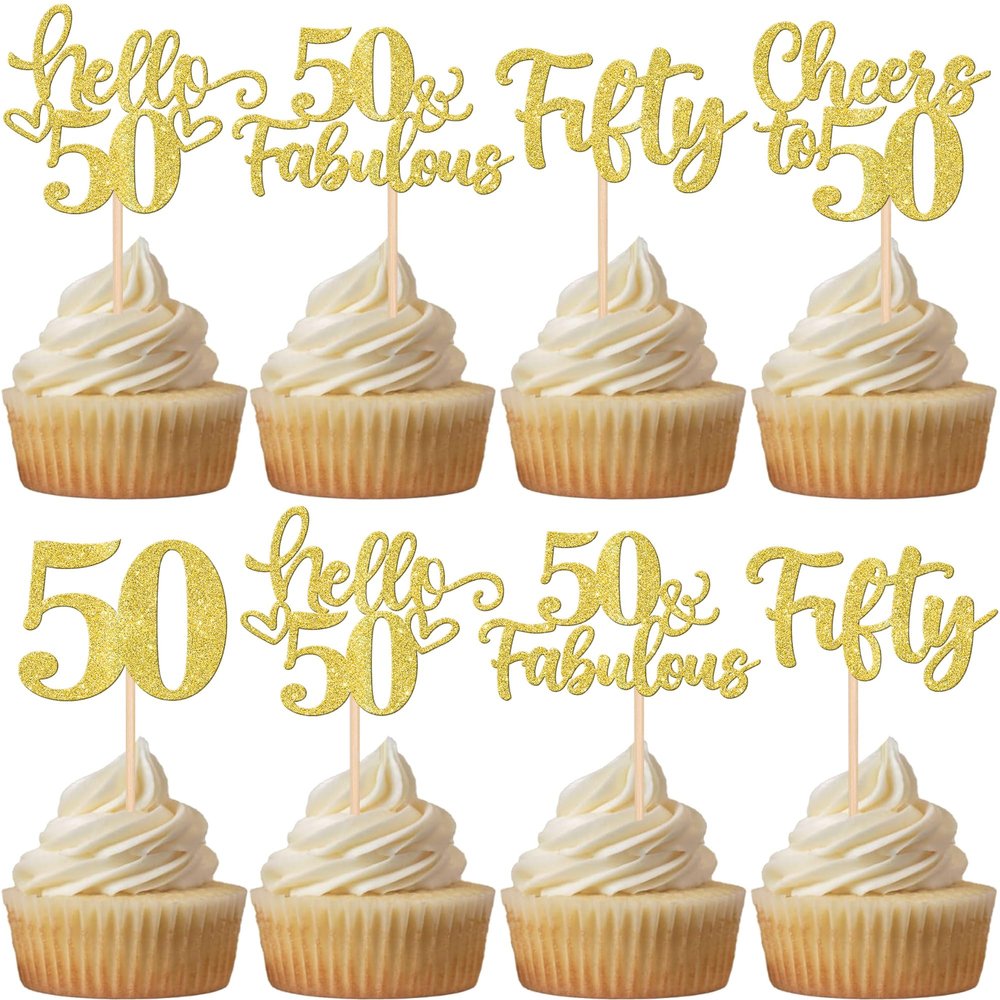 30 PCS Happy 50th Birthday Cupcake Toppers Glitter Fifty Hello 50 Cupcake Picks 50 & Fabulous Cheers to 50 Years Cake Decorations for 50th Birthday Anniversary Party Supplies Gold