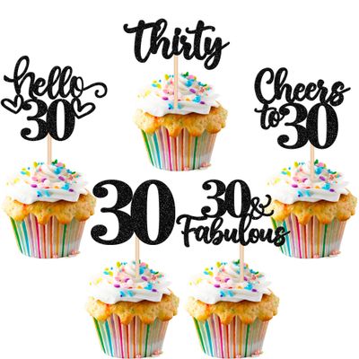 30 PCS Happy 30th Birthday Cupcake Toppers Glitter Thirty Hello 30 Cheers to 30 Years Cupcake Picks 30 & Fabulous Cake Decorations for 30th Birthday Anniversary Party Supplies Black