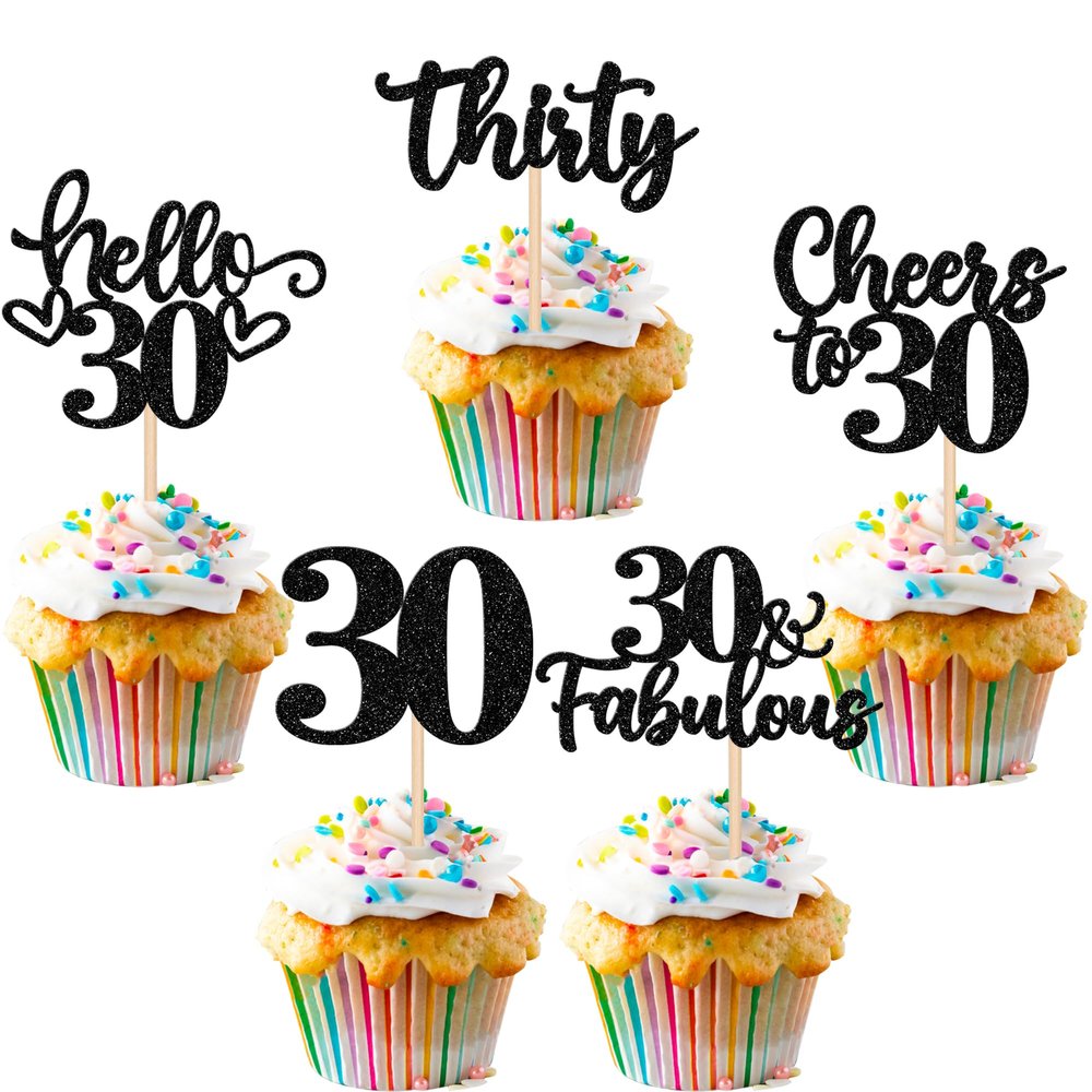 30 PCS Happy 30th Birthday Cupcake Toppers Glitter Thirty Hello 30 Cheers to 30 Years Cupcake Picks 30 & Fabulous Cake Decorations for 30th Birthday Anniversary Party Supplies Black