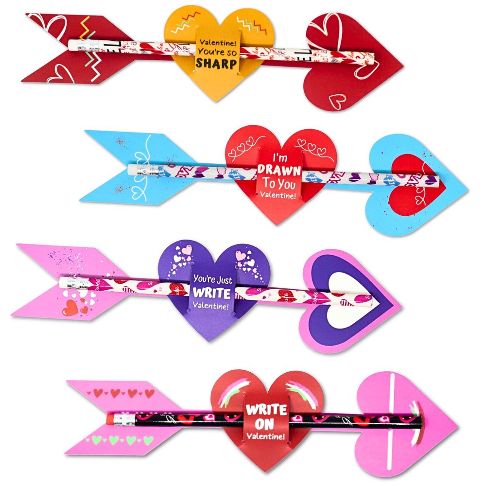 4E's Novelty 36 Pack Valentines Day Cards & Pencils for Kids Bulk - Valentines Gifts for Kids Classroom Exchange Boy Girl School Gifts From Teachers to Students (Cupid Design Cards)
