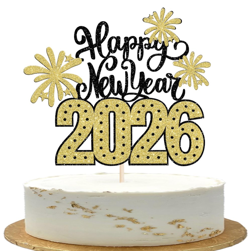 1 Pack 2026 Happy New Year Cake Topper Glitter Hello 2026 Fireworks Cake Pick Welcome 2026 Happy New Year's Eve Cake Decoration Party Supplies Gold