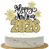 1 Pack 2026 Happy New Year Cake Topper Glitter Hello 2026 Fireworks Cake Pick Welcome 2026 Happy New Year's Eve Cake Decoration Party Supplies Gold view 1