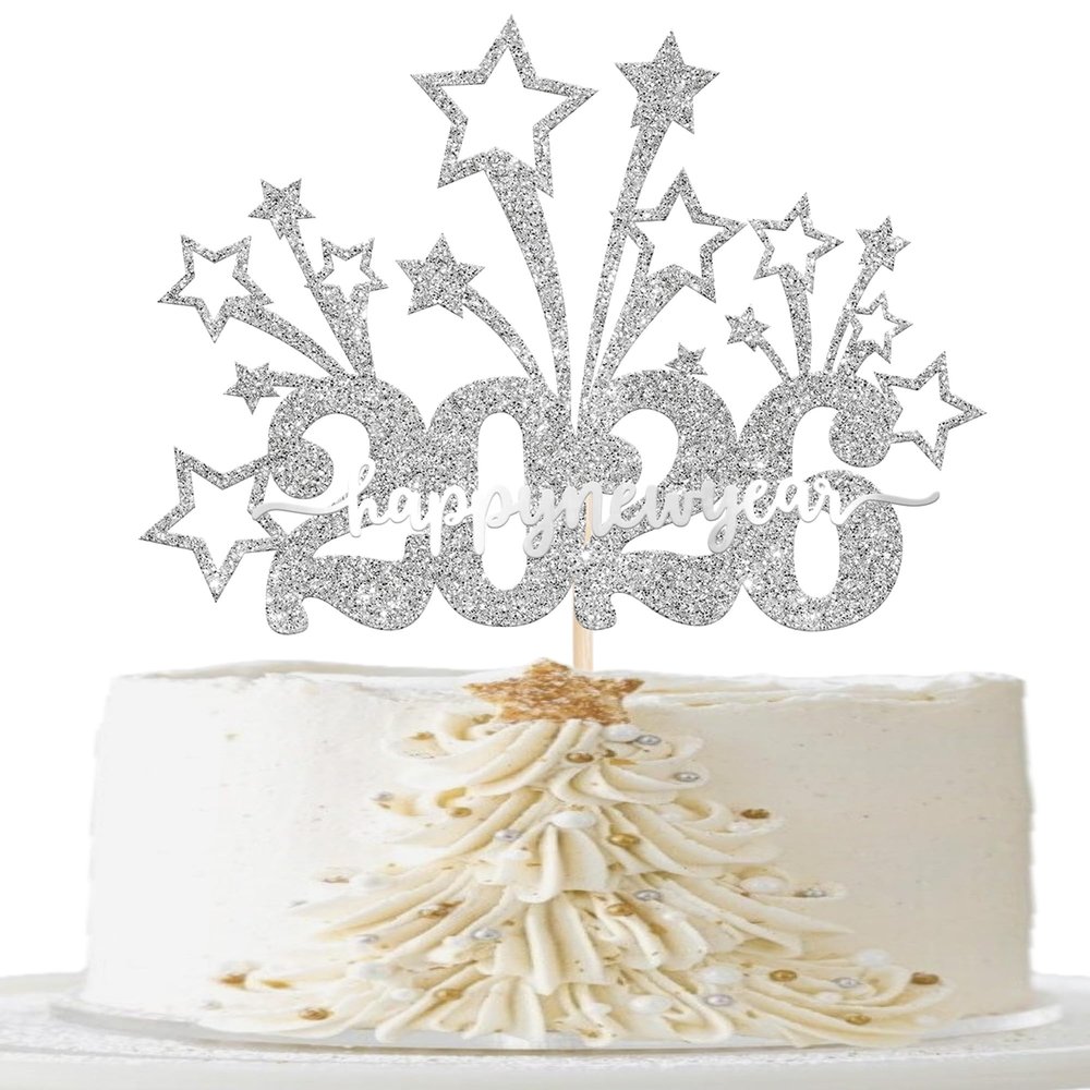 1 Pack 2026 Happy New Year Cake Topper Glitter Fireworks Hello 2026 New Year Cake Pick Cheers to 2026 Cake Decorations for Welcome 2026 Happy New Year's Eve Party Supplies Silver
