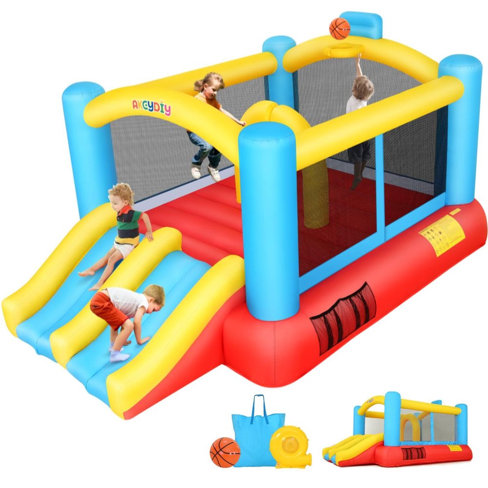 AKEYDIY Bounce House, Indoor Outdoor Inflatable Bouncer with Blower, Jumping Castle w/Double Slide, Durable Family Backyard Bouncy House Castle w/Basketball Hoop, Ideal for Kids