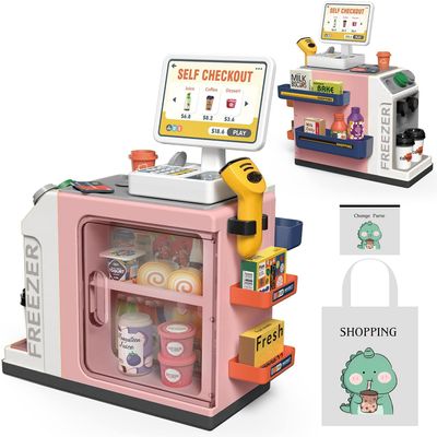 Cash Register Playset for Kids - 48PCS with Toy Coffee Machine,Pretend Play Money, Calculator, Scanner, Credit Card and Play Food for Boys and Girls