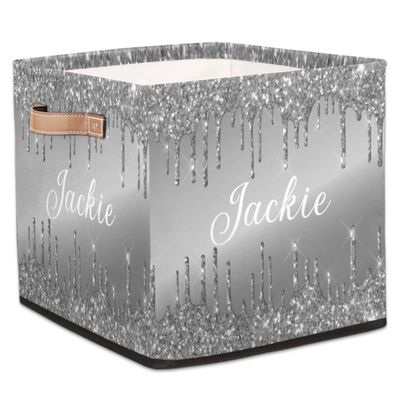 RIRIX Custom Storage Baskets Personalized Storage Bins Basket Boxes with PU Leather Handles for Clothes Bedroom Closet Organizing Toys Books Shelves Storage Boxes-Grey Dripping Glitter