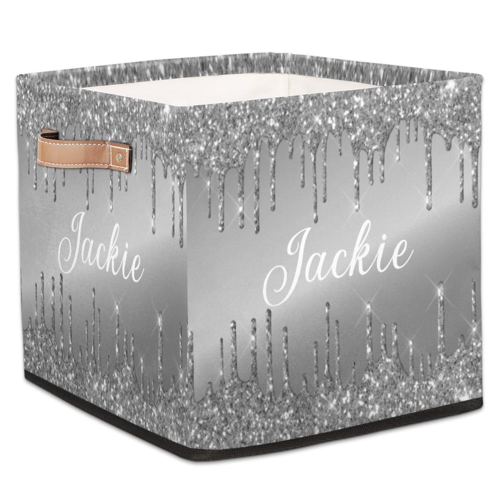 RIRIX Custom Storage Baskets Personalized Storage Bins Basket Boxes with PU Leather Handles for Clothes Bedroom Closet Organizing Toys Books Shelves Storage Boxes-Grey Dripping Glitter