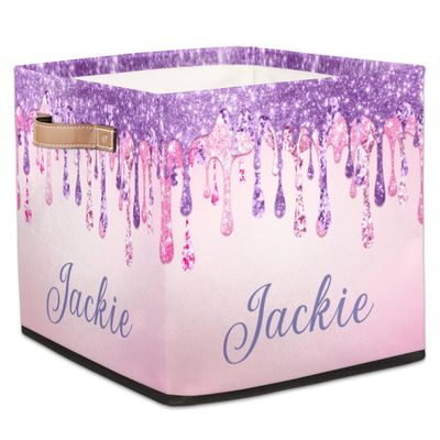 RIRIX Custom Storage Baskets Personalized Storage Bins Basket Boxes with PU Leather Handles for Clothes Bedroom Closet Organizing Toys Books Shelves Storage Boxes-Pink Purple Glitter Dripping