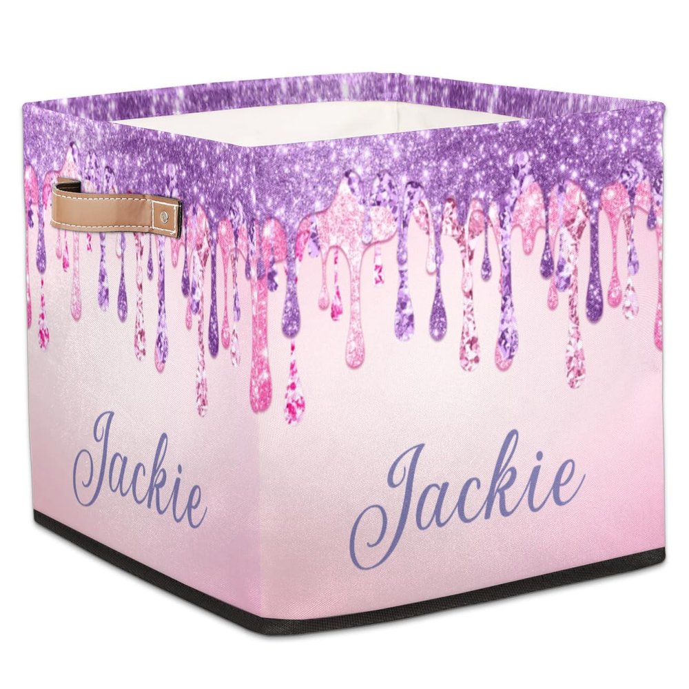 RIRIX Custom Storage Baskets Personalized Storage Bins Basket Boxes with PU Leather Handles for Clothes Bedroom Closet Organizing Toys Books Shelves Storage Boxes-Pink Purple Glitter Dripping