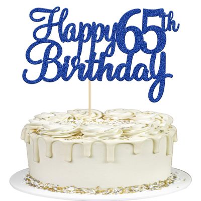 Gyufise 1Pc Happy 65th Birthday Cake Topper Blue Glitter 65th Birthday Cake Pick Cheers to 65 Years Old Sixty Five and Fabulous Cake Decorations for 65th Birthday Wedding Anniversary Party Supplies