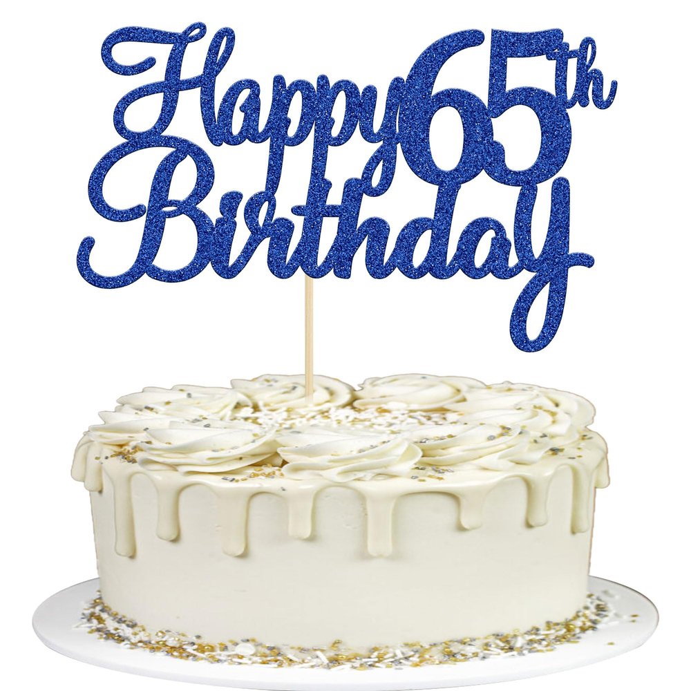 Gyufise 1Pc Happy 65th Birthday Cake Topper Blue Glitter 65th Birthday Cake Pick Cheers to 65 Years Old Sixty Five and Fabulous Cake Decorations for 65th Birthday Wedding Anniversary Party Supplies