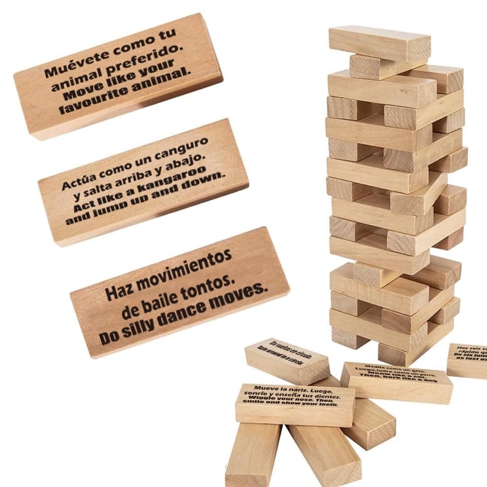 1step2dream Spanish Stacking Tower Game | Bilingual Block Game for Kids Adults | Perfect for Family, Classroom | 54 Hilarious Commands | Ideal Learning Board Game Gift