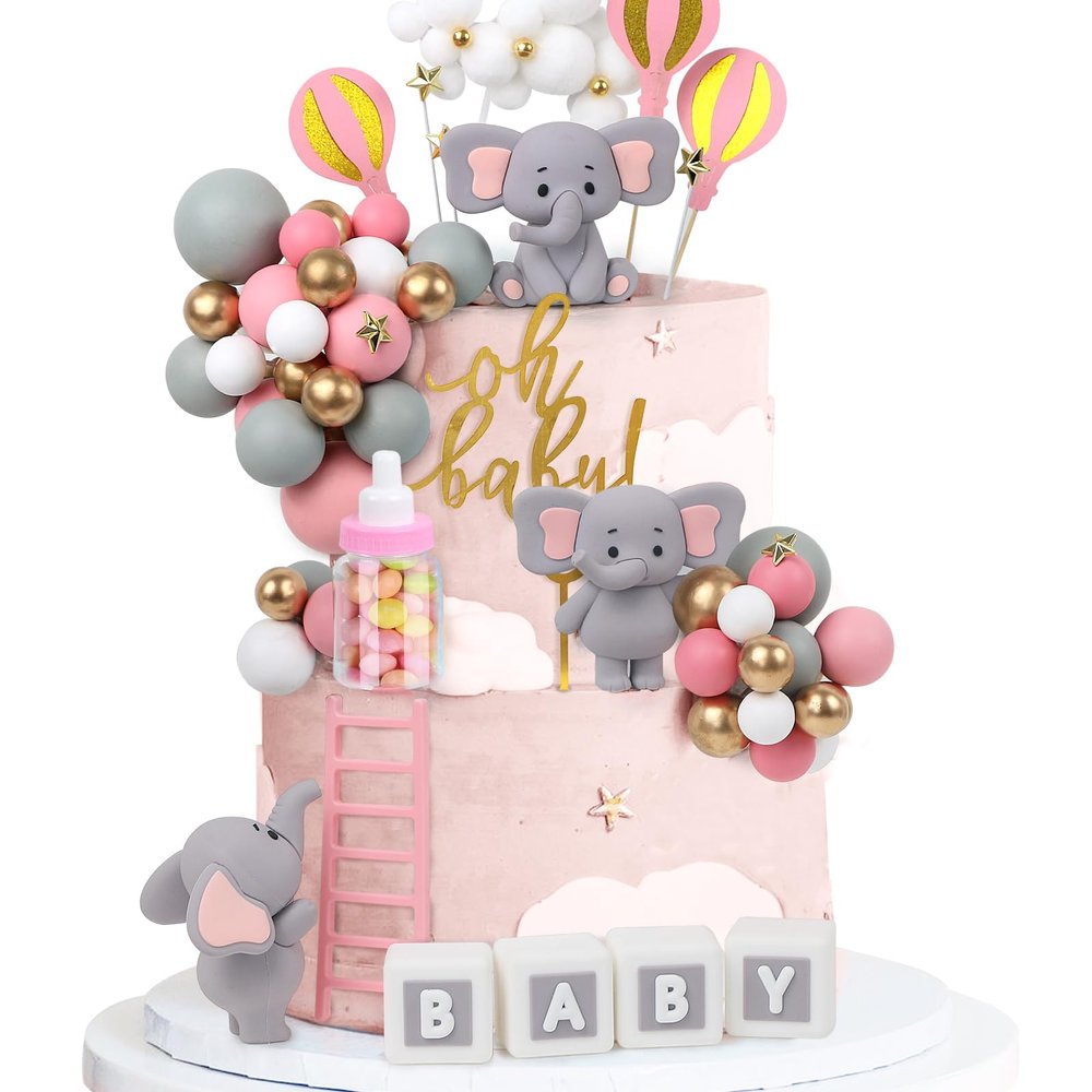 Acmee 44 PCS Elephant Cake Toppers - Mini 3D Elephant BABY Letters Milk Bottle Pink Gold Foam Balls Cake Toppers for Baby Shower Girls Boys Birthday Party Cake Decorations