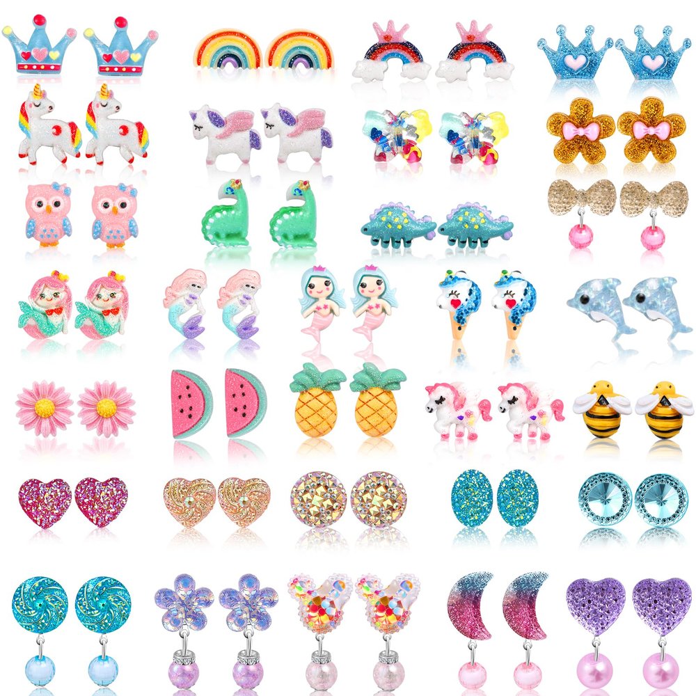 Clip On Earrings For Girls, 12/30 Pairs Hypoallergenic Kids Earrings, Cute And Great Gifts For Girls 4-12 (32-pair of clip on earrings)