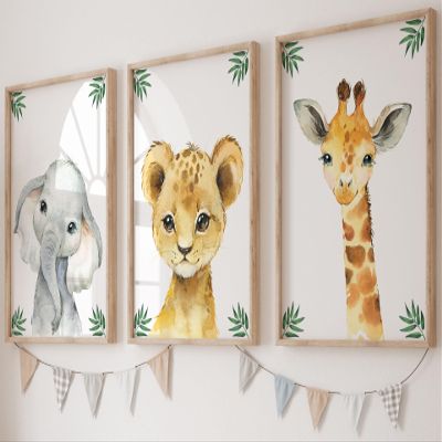 Baby Safari Animals for Girl or Boy Nursery Bedroom, Set of 3 Unframed Wall Art Prints, Jungle Leaves Posters, Nursery Decor Gift, Giraffe Elephant Lion (12x16)