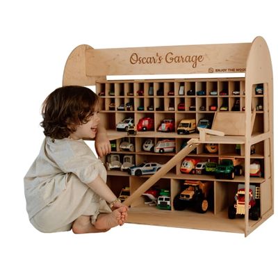 Toy Parking Garage with Elevator Wooden Toy Car Storage Small Car Compatible Gift for Toddlers 1-4 Years Old Organizer Case Shelf for Mini Toy Cars (Big, Natural)