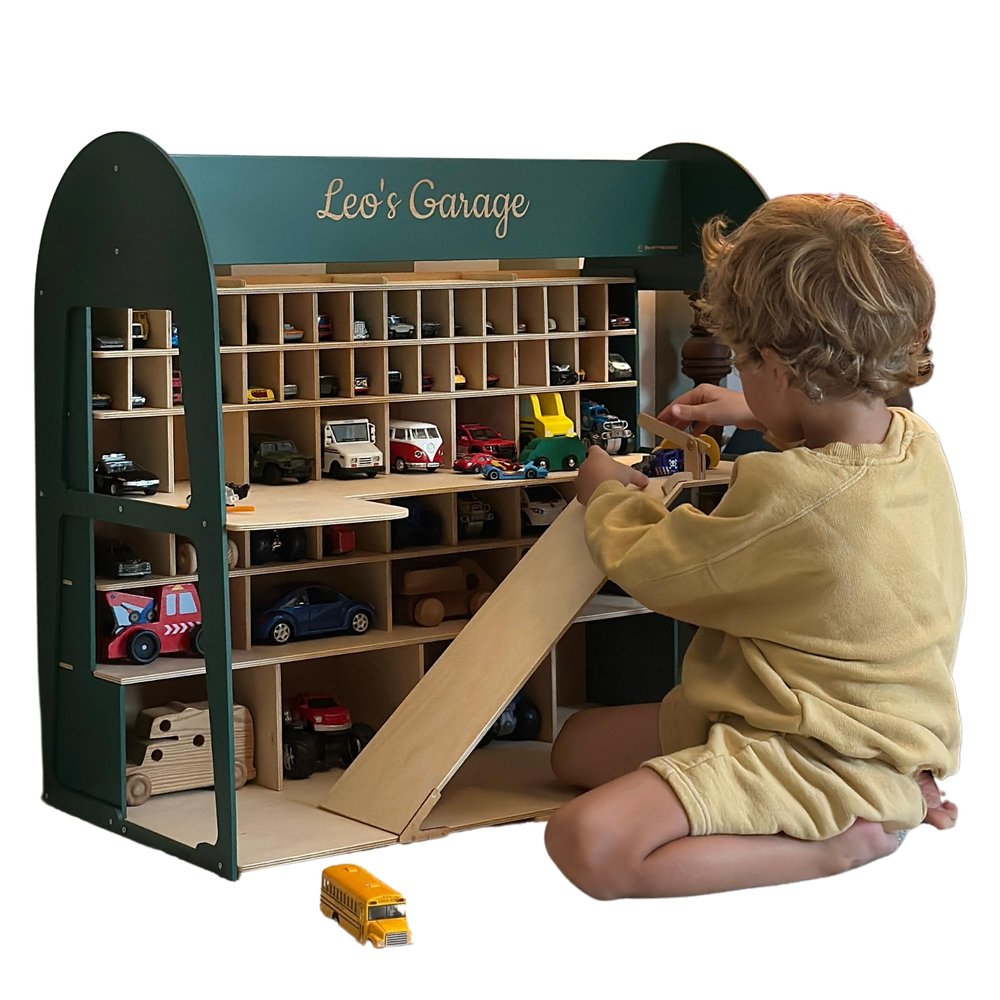 Enjoy The Wood Toy Parking Garage with Elevator Wooden Toy Car Storage Small Car Compatible Gift for Toddlers 1-4 Years Old Organizer Case Shelf for Mini Toy Cars (Big, Green)
