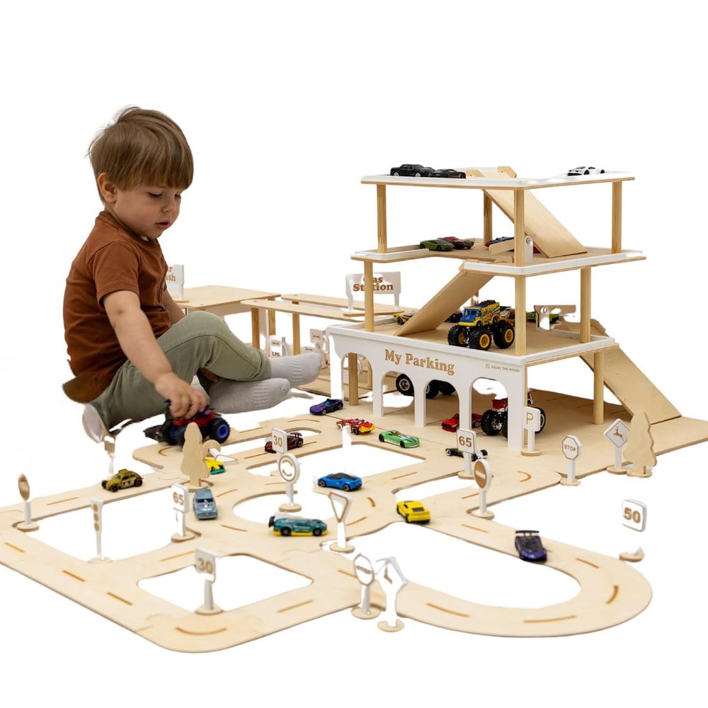 Parking Garage for Toy Cars 2.0 Wooden Garage Toy Storage Organizer Big Toy Car Compatible 3-Level Wooden Car Ramp Toy for Toddlers 1-4 Years Little People Garage Car Tower (Small, Dark Walnut)