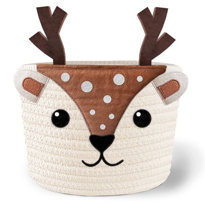 Cute Deer 100% Cotton Rope Baby Laundry Basket for Boys & Girls, Woodland Nursery Decor, Nursery Storage Basket for Essentials like Diapers, Wipes, Towels, Perfect for Baby Shower Gifts, Machine Wash