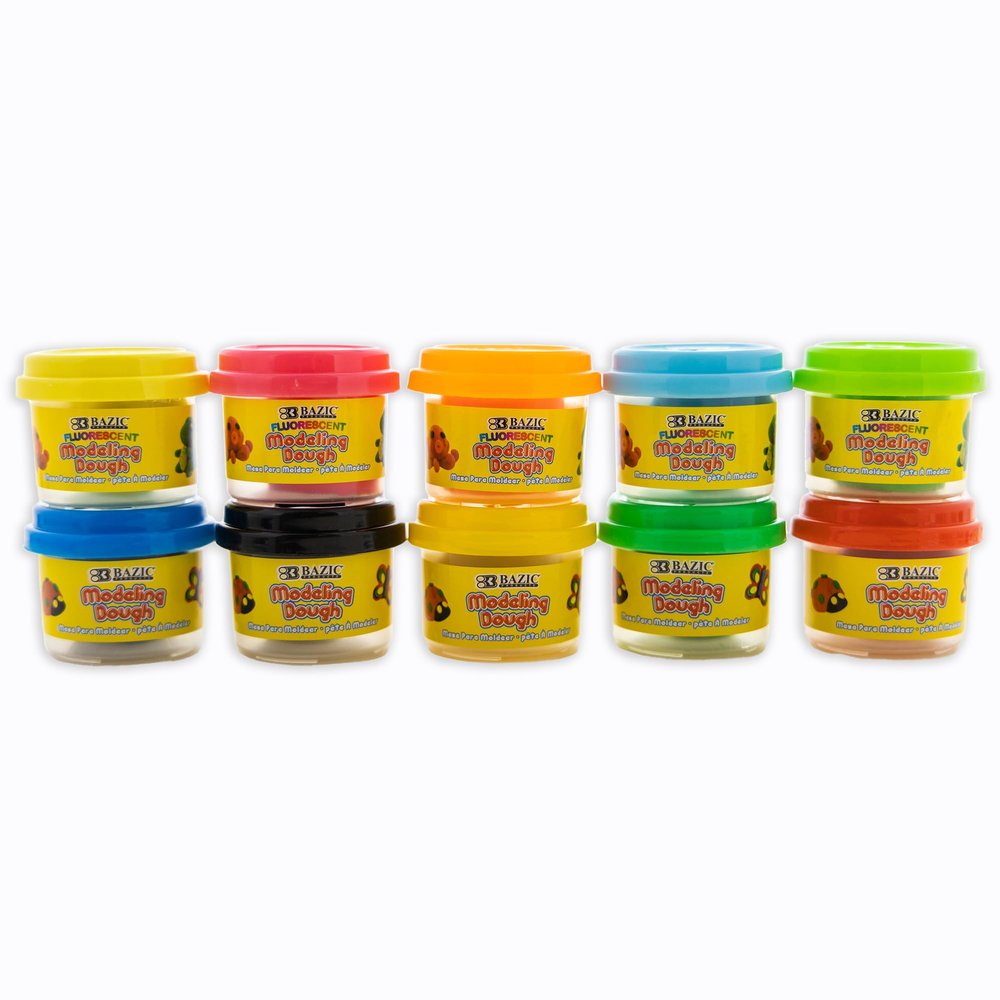 BAZIC Products Modeling Dough 1 Oz, 5 Primary & 5 Fluorescent Colors Set, Non Toxic Soft DIY Modeling Clay with Mold Caps for Art and C