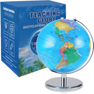 Bike on Hike LED Illuminated World Globe with Chrome Rotating Stand  3-in-1 Educational Tool, Interactive Learning Glowing Globe, Lighted Display, 9.5 Inch