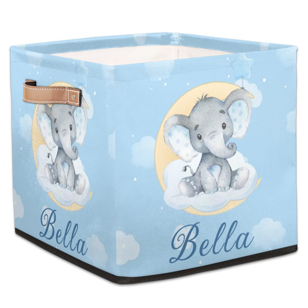RIRIX Custom Storage Baskets Personalized Storage Bins Basket Boxes with PU Leather Handles for Clothes Bedroom Closet Organizing Toys Books Shelves Storage Boxes-Blue Elephant Baby