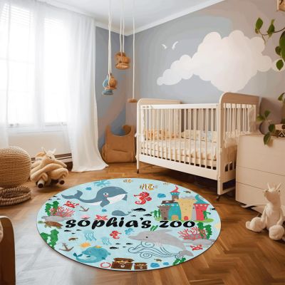 Duckbe Round Nursery Rug Personalized with Name, Custom Kids Rug Soft Floor Area Rugs, Activity Crawling Play Mat for Baby Boys Toddlers Bedroom Blue Sea Dolphin(3.3ft/40)