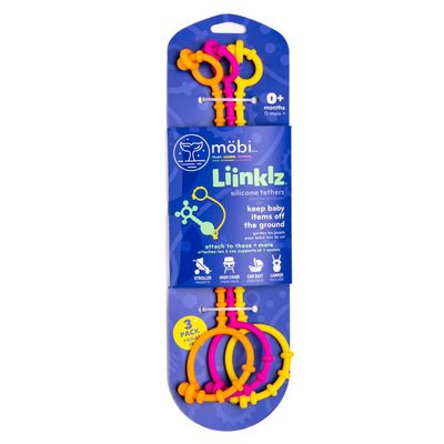 Mobi Liinklz Silicone Tethers - Flexible and Soft Toy Straps for Baby, Stroller Toy Safety Straps and Easy to Connect Baby Toy Holder - for Infants 0+ Months, Vibrant Colors (Pack of 3)