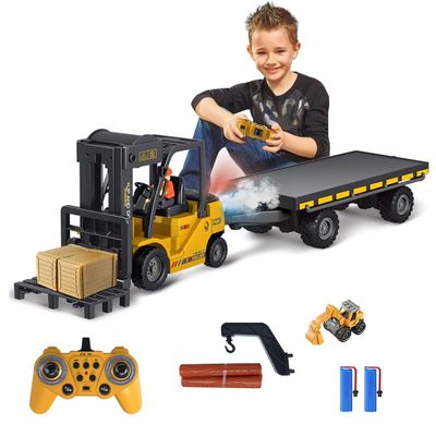 KNACKTOYZ Remote Control Forklift with Flatbed Truck, 11 Channel RC Forklifts with Spray, Cool Lights & Sound, 2 in 1 Lift Fork & Hook, Crane Construction Toys for Boys, Birthday Gift for Kids 3+
