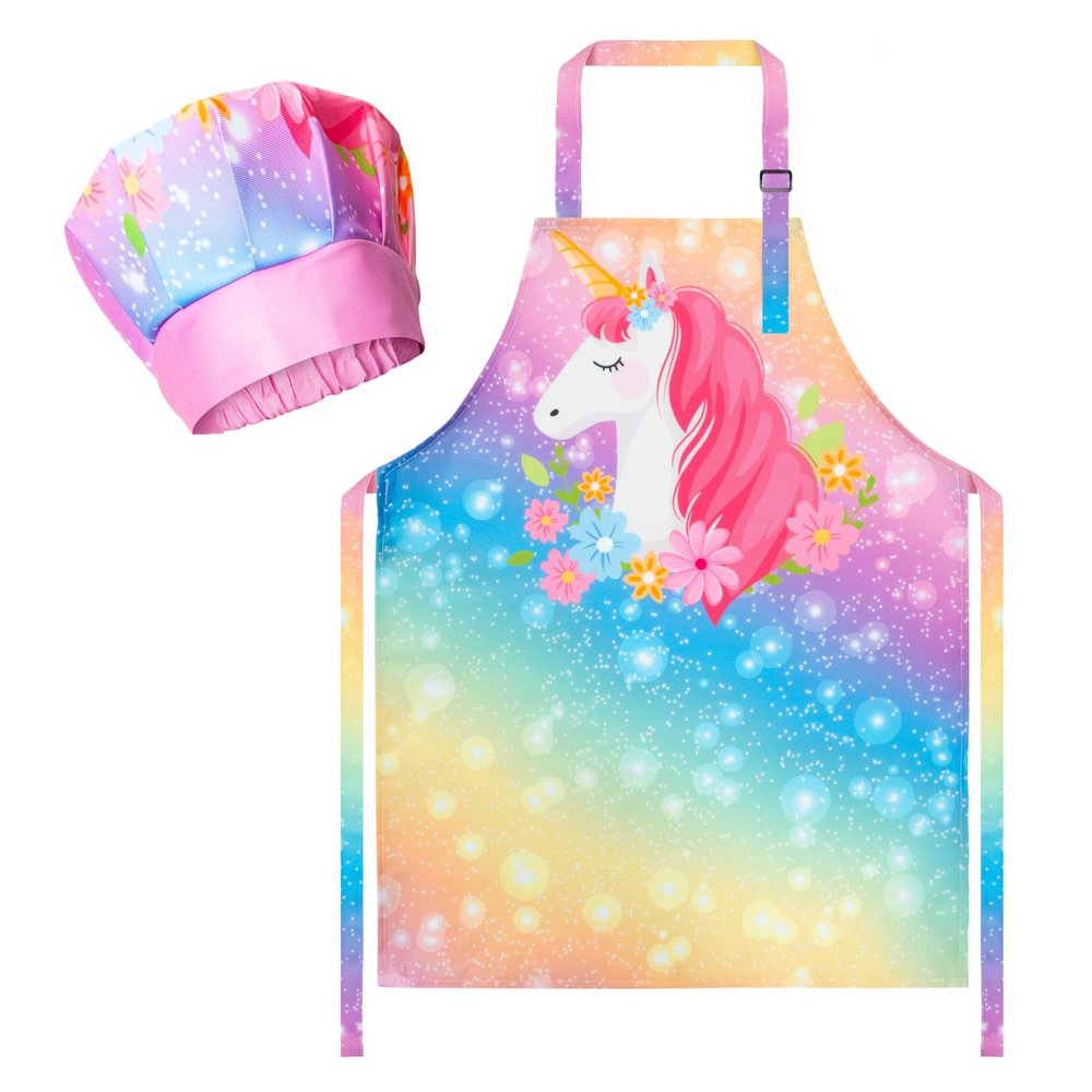 R HORSE Kid Apron and Chef Hat Set - 2Pcs Adjustable Magic Horse Children Kitchen Toddler Apron for Girls Role Play Chef Toy Funny Cooking Birthday Gift for kids Cooking Baking Painting and Training