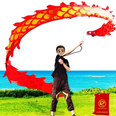16.4 FT (5 Meters) Golden Red Dragon Poi with 3D Dragon Head & Swing Rope Combo for Kids, Chinese Wulong Flowy Dragon Ribbon Streamer Outdoor Fitness Golden Dragon Stage Prop Set
