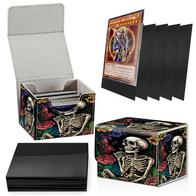 Card Deck Box Plus 100 Counts Matte Black Card Sleeves, Sugar Skull Rose for Collectible MTG TCG CCG Card Storage Box Horizontal Holds 100+ Single Sleeved Cards, Leather Game Card Box Organizer