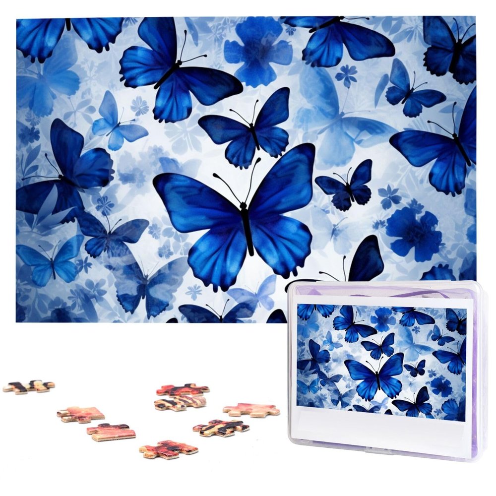 Blue Butterflies Puzzles 1000 Pieces Personalized Jigsaw Puzzles Wooden Photo Puzzle for Adults Family Picture Puzzle Gifts for Wedding Birthday Valentine's Day Gifts(29.5" x 19.7")