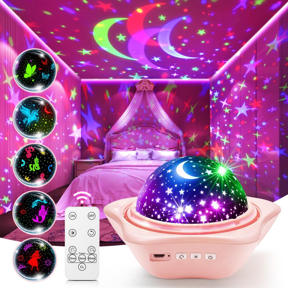 PIKOY Night Light for Kids, 90 Modes+6 Films+Dimmer+Timer+Remote Kids Night Light Projector, Rechargeable Built-in Battery+360 Silent Rotation Butterfly/Princess/Mermaid Room Decor,Girl Toys/Gifts