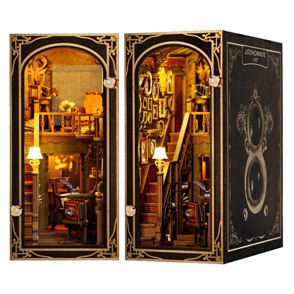 JOOHOUR DIY Book Nook Kit, Dollhouse Miniature, Booknook Bookshelf Insert Alley 3D Wooden Puzzle, Bookends Model Building Kit with LED Light, Gift for Teens and Adults, Back to Memory