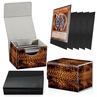 Card Deck Box Plus 100 Counts Matte Black Card Sleeves, Wild Leopards for Collectible MTG TCG CCG Card Storage Box Horizontal Holds 100+ Single Sleeved Cards, Leather Game Card Box Organizer
