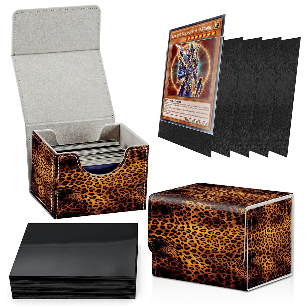 Card Deck Box Plus 100 Counts Matte Black Card Sleeves, Wild Leopards for Collectible MTG TCG CCG Card Storage Box Horizontal Holds 100+ Single Sleeved Cards, Leather Game Card Box Organizer