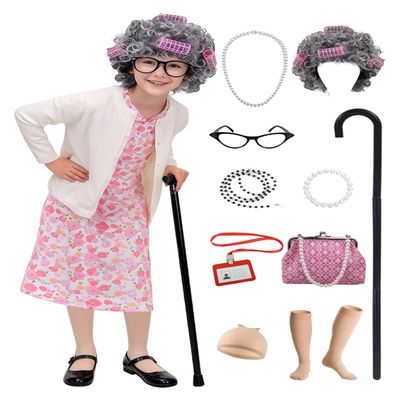 Cabeny Kids Old Lady Costume for 3-10 Years Girls 100 Days of School Costume Kids Grandma Cosume Dress Up for Halloween CA023S