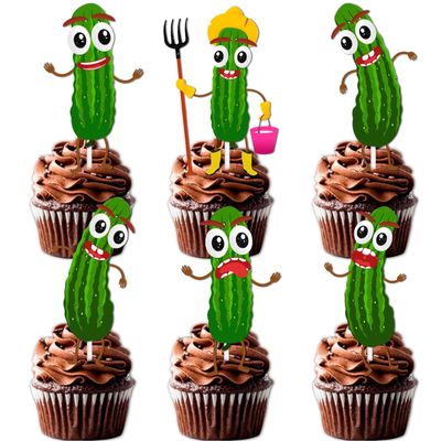 18pcs Green Glitter Cartoon Cucumber Dessert Cupcake Topper for A Big Dill Vegetable Fruit Funny Pickle Theme Decor Supplies Men Women Birthday Anniversary Wedding Party Decoration