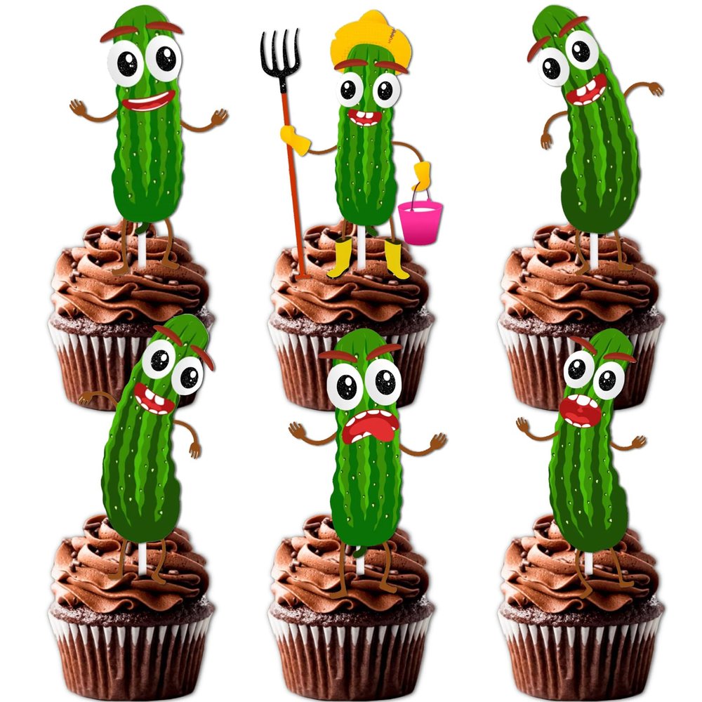 18pcs Green Glitter Cartoon Cucumber Dessert Cupcake Topper for A Big Dill Vegetable Fruit Funny Pickle Theme Decor Supplies Men Women Birthday Anniversary Wedding Party Decoration
