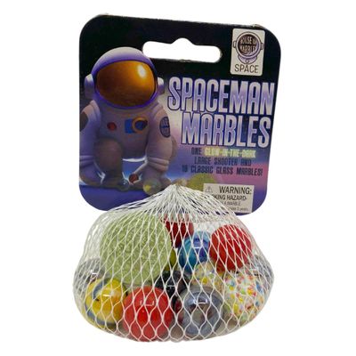 House of Marbles Spaceman Net Bag of Marbles - 21-Piece Space Glass Marble Set with Glow-in-the-Dark Shooter & 20 Player Marbles for Games, Marble Runs, Collecting & Gifts