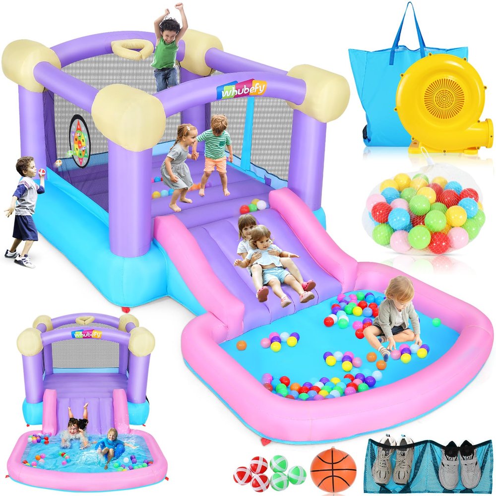 Inflatable Bounce House for Kids 3-6 with Water Slide Ball Pit Pool & 50 Ocean Balls, 5 in 1 Bouncy Castle w/ 6 Sticky Ball Dart Board Game, Basketball Hoop, Storage Bag & Blower Indoor Outdoor Party