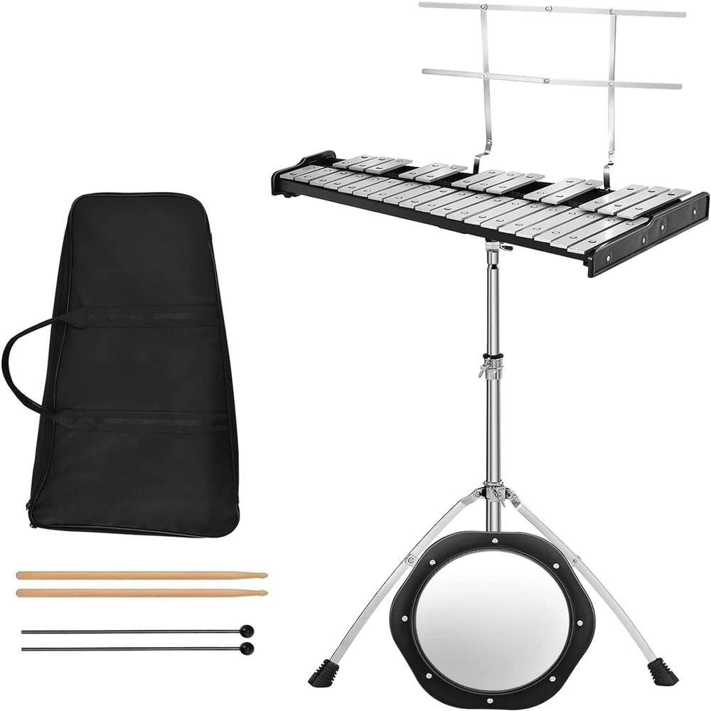 MEDIMALL 32 Notes Glockenspiel Kits, Percussion Xylophone with Adjustable Stand, Music Stand, 8 Practice Pad, Bell Mallets, Wood Drumsticks & Carrying Bag, Glockenspiel for Beginners & Professionals