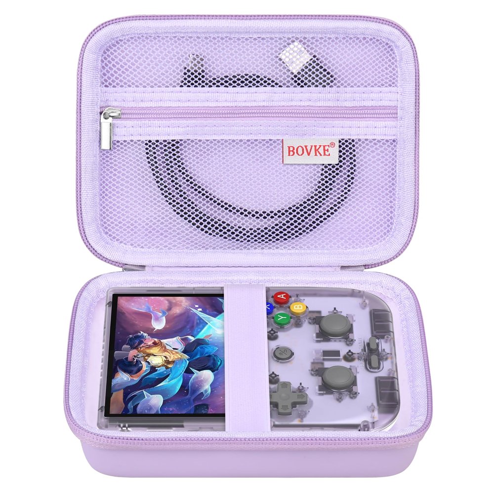 BOVKE Carrying Case for Anbernic RG405V Retro Handheld Game Console, Vertical Version Android Retro Handheld Game Holder with Mesh Pocket for Charging Cables, Purple